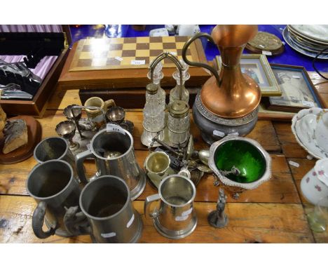 Mixed Lot: Silver plated egg cruet, silver plated cruet with glass bottles, various pewter tankards, silver plated sugar basi