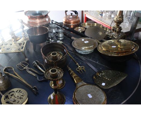 A quantity of metalware; brass, copperware and pewter to include a table lamp (sold as parts), warming pans etc 