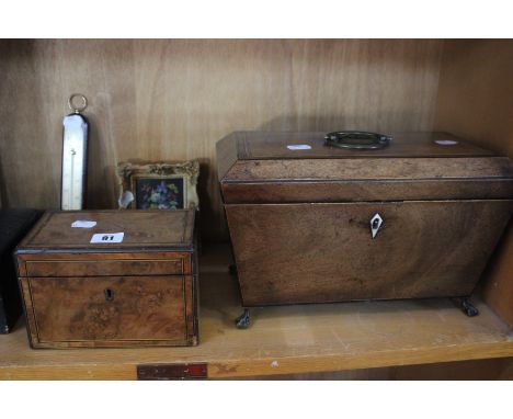 A sarcophagus tea caddy, a walnut caddy, a leather bound box, a Treen panel, a small watercolour and a wall thermometer