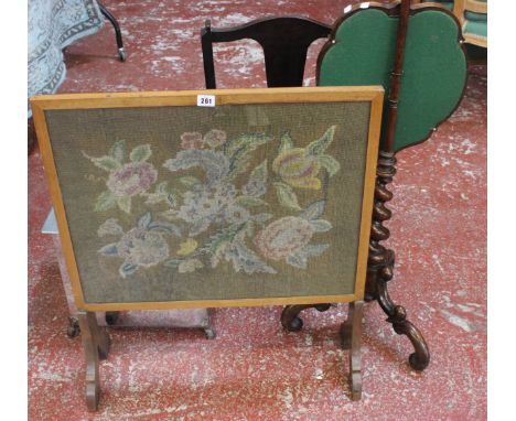 A Victorian needlework inset pole screen, and Edwardian low chair, firescreen and chrome log bin (4)