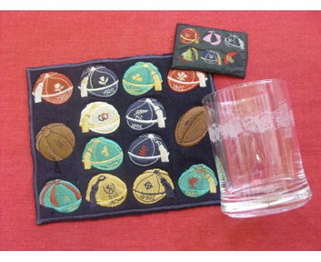 Rugby Caps 1920, a unique collection, possibly of promotional material, showing 14 cpas, one velvet style pad, including 1906