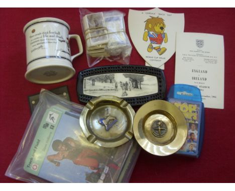 A collection of various football and other memorabilia, to include 2 metal ashtrays, Wembley 1925, Festival of Britain 1951, 