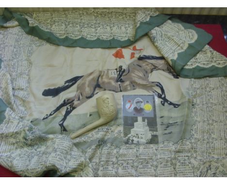 Horse Racing, a Fred Archer clay pipe, plus a 'The Derby' silk scarf, from 1959 The Winner 'Parthia'