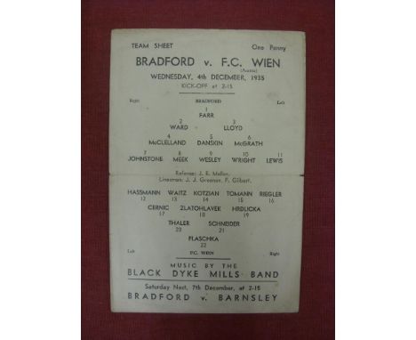 1935/36 Bradford Park Avenue v FC Wien (Austria), a single sheet programme from the game played on 04/12/1935 (light pencil m