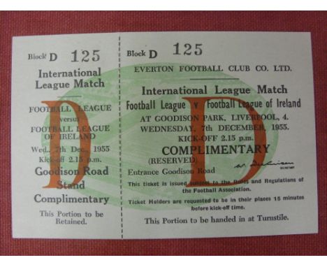 1955 Football League v Football League Of Ireland, a rare, unused ticket from the game played at Everton on 07/12/1955