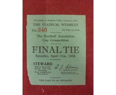 FA Cup Final 1928 Blackburn v Huddersfield Town Ticket. Rare Stewards ticket in excellent condition 