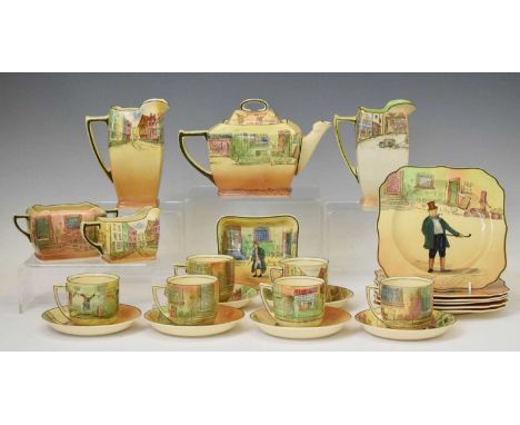 Collection of early 20th century Royal Doulton Dickens Ware, comprising six tea cups and saucers, six plates, teapot, milk ju