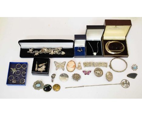 Collection of silver and white metal jewellery including a Norweigan purple enamel silver butterfly brooch, bamboo-effect sil