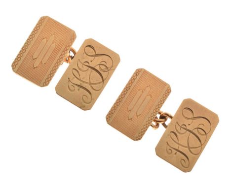 Pair of South African 9ct gold rectangular cufflinks, having engine turned decoration, sponsor's mark ET+ for E. Tiessen, 10.