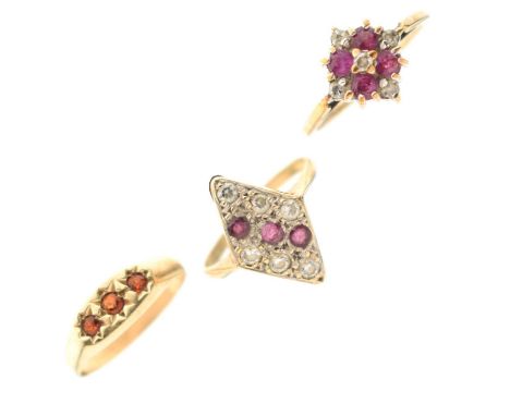 Three gem-set 9ct gold rings, comprising a garnet three-stone ring, size I, a ruby and white stone kite-shaped dress ring, si