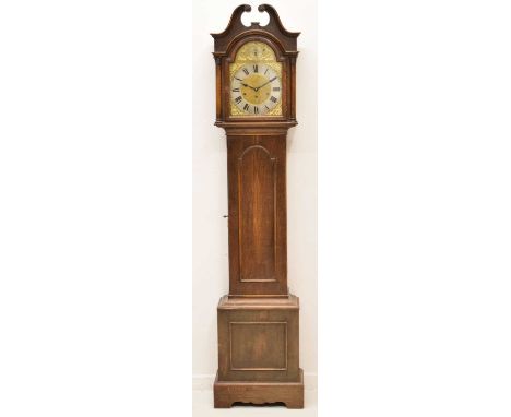 Late 20th century oak cased longcase clock, retailed by Pleasance and Harper, Bristol, the gilt break-arch dial with silvered