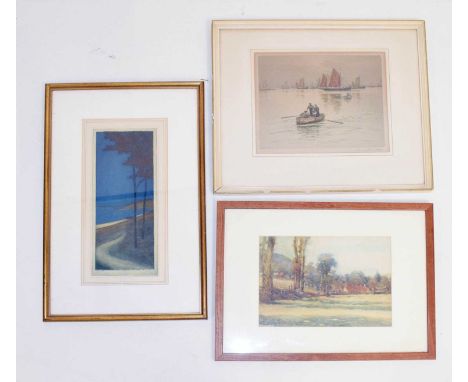 Coloured etching after Henry G Walker, boating scene, signed lower right, 22cm x 26cm, with two others, including 'September 
