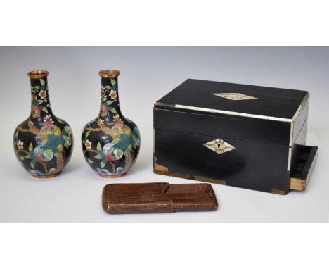 Victorian lady's ebonised and mother-of-pearl inlaid vanity case, the interior lined in green velvet with various tools, comp