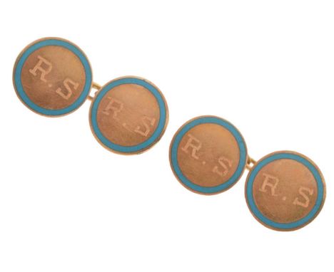 Pair of blue enamel decorated yellow metal cufflinks, the circular panels stamped '15ct', sponsor's mark A.Bros, 14mm diamete
