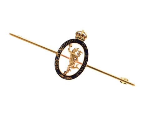 Royal Corps of Signals brooch, having blue and red enamel decoration, the yellow metal bar stamped '18c', with rose-metal col