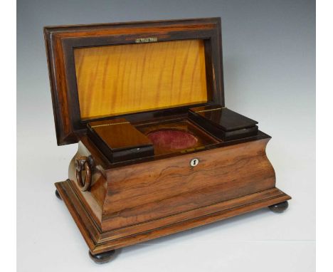 Victorian rosewood twin-handled sarcophagus tea caddy raised on bun feet, 40cm x 23cm x 23cm high