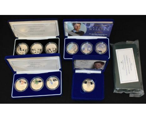 Five Royal Mint Channel Islands silver proof coin sets to include The Duke of Wellington 150th Anniversary set 2002, Prince W