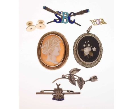 Small quantity of jewellery to include an unmarked yellow metal cameo brooch, floral design decorated pietra dura pendant loc