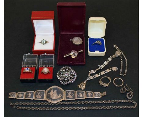 Collection of silver and other jewellery including an Eastern niello bracelet, 800 standard enamel pansy brooch, crystal broo