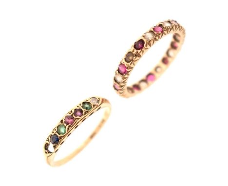 9ct gold 'dearest' gemstone ring (a/f), size K½, and a 9ct gold ruby and white stone full eternity ring, size K, 2.9g gross a