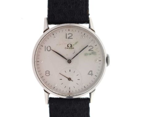 Omega - Gentleman's vintage stainless steel cased wristwatch, the silvered dial with Arabic and dot hour markers, seconds sub