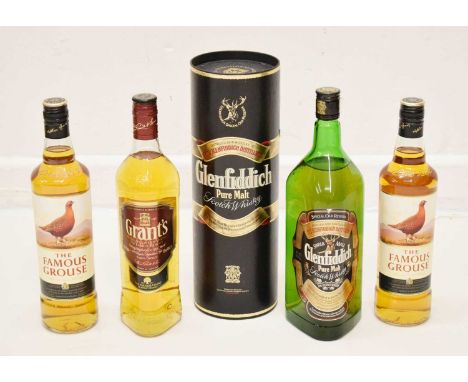 Glenfiddich Pure Malt Scotch Whisky, one 1.125 litre bottle, The Famous Grouse Scotch Whisky, two bottles, and Grant's Scotch