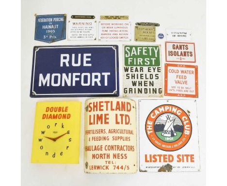 Mixed collection of vintage and later enamel signs to include; 'Rue Montfort', curved 'Shetland Lime Ltd.', 'The Camping Club