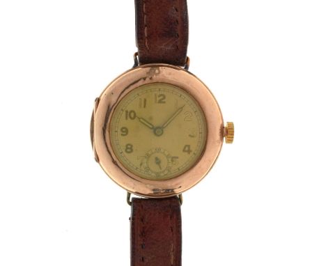 Early 20th century gentleman's 9ct gold cased wristwatch, the cream dial with filled Arabic hour markers, and seconds subsidi