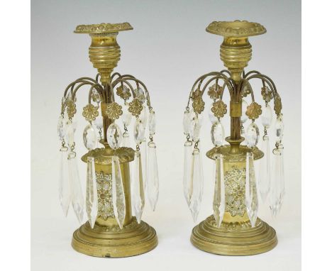 Pair of 19th century brass French table lustres, each drip pan cast with fruit decoration, cylindrical column with floral med