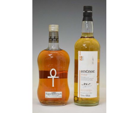 Jura Superstition Single Malt Scotch Whisky, 1 one-litre bottle, and Anchoc Single Malt Highland Scotch Whisky, 12 Years Old,