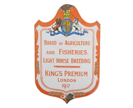 1917 Board of Agriculture &amp; Fisheries 'Light Horse Breeding' enamel wall mounted sign, red and white colorway with the Br