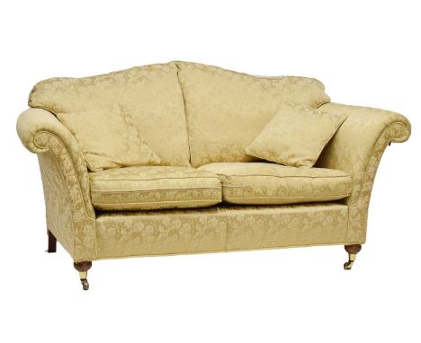 Duresta style two-seater Damask upholstered sofa, on turned front supports with castors, 190cm wide x 90cm high 