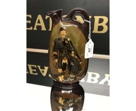 ROYAL DOULTON KINGSWARE 'THE PIPE MAJOR' DEWARS WHISKY FLASK decorated in relief with Highland figure, printed marks to base,