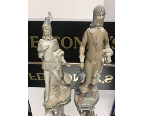 TWO LARGE LLADRO-STYLE FIGURE ORNAMENTS 'Cavalier' and 'Lute Player' heights 39cms and 38.5cms respectively (2)