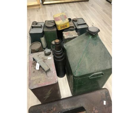 COLLECTION OF VINTAGE OLEANA AND OTHER METAL CANS in an old wooden champagne box, various logos including Shell petrol can, O