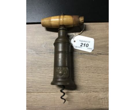 VICTORIAN DOUBLE SCREW CORKSCREW with turned detail to the ivory handle and coat of arms to the cylindrical barrel