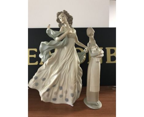 TWO LLADRO FIGURINES comprising Lady in Flowing Gown no. 6193, height 31.5cms, and Girl with Lamb impressed no. 2, height 27c