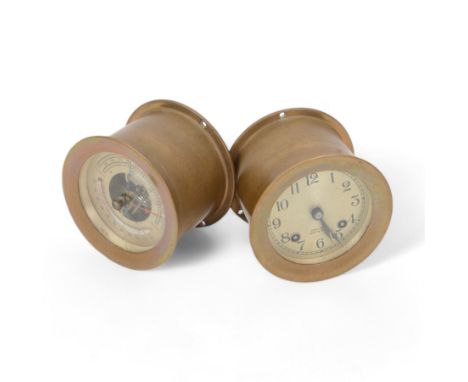 Chelsea Ship's Bell bulkhead clock, brass cased with silvered dial and arabic numerals, together with a similar aneroid barom