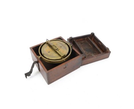Early 20th century brass ship's compass by Husun (Henry Hughes &amp; Son), gimbal mounted and contained within mahogany case,