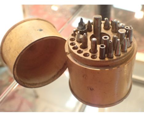 Watch makers / repairers turned treen box of graduated staking pocket watch tools 
