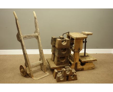 Early 20th century 'Kay & Backhouse, York' elm and wrought metal sack scales, twelve weights and a wooden sack barrow    Cond