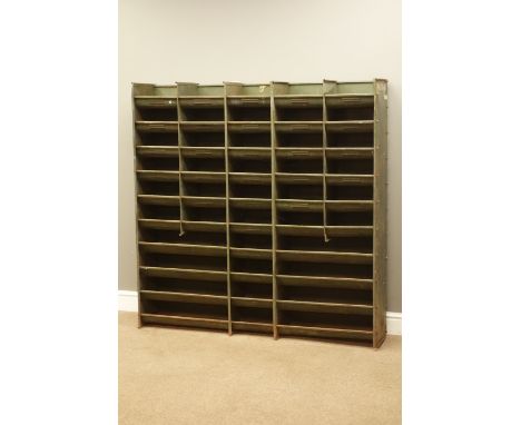 Early 20th century vintage metal shelving pigeon hole storage racks, W134cm, D29cm, H135cm   Condition Report   Click here fo