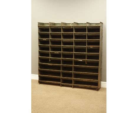 Early 20th century vintage metal shelving pigeon hole storage racks, W134cm, D29cm, H135cm   Condition Report   Click here fo