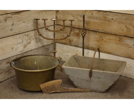 19th century wooden garden trough with wrought metal handle, vintage stove boiling pot, five branch wrought metal candelabra 