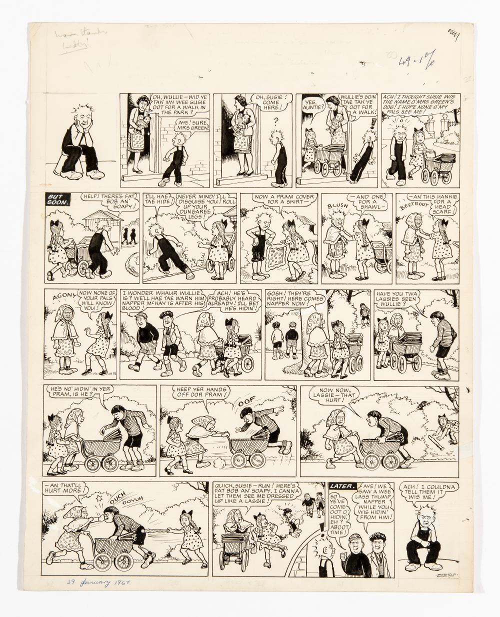 Oor Wullie original artwork (1967) drawn and signed by Dudley Watkins ...