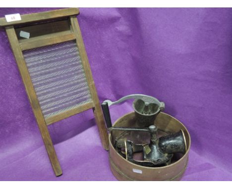 A selection of vintage Kitchen items including glass wash board, and Spong mincer