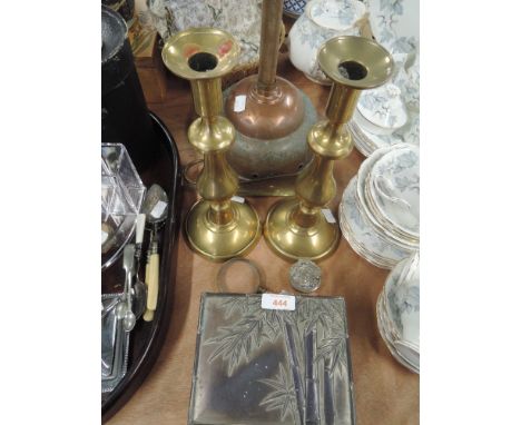 A selection of vintage metal wares including oriental trinket box