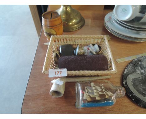 A selection of vintage curios and trinkets including photographic snuff box