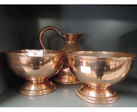 A selection of vintage copper items including pair of footed bowls 