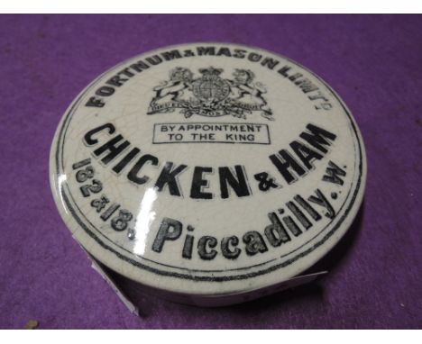 An early advertising ceramic pot lid for Fortnum & Mason 